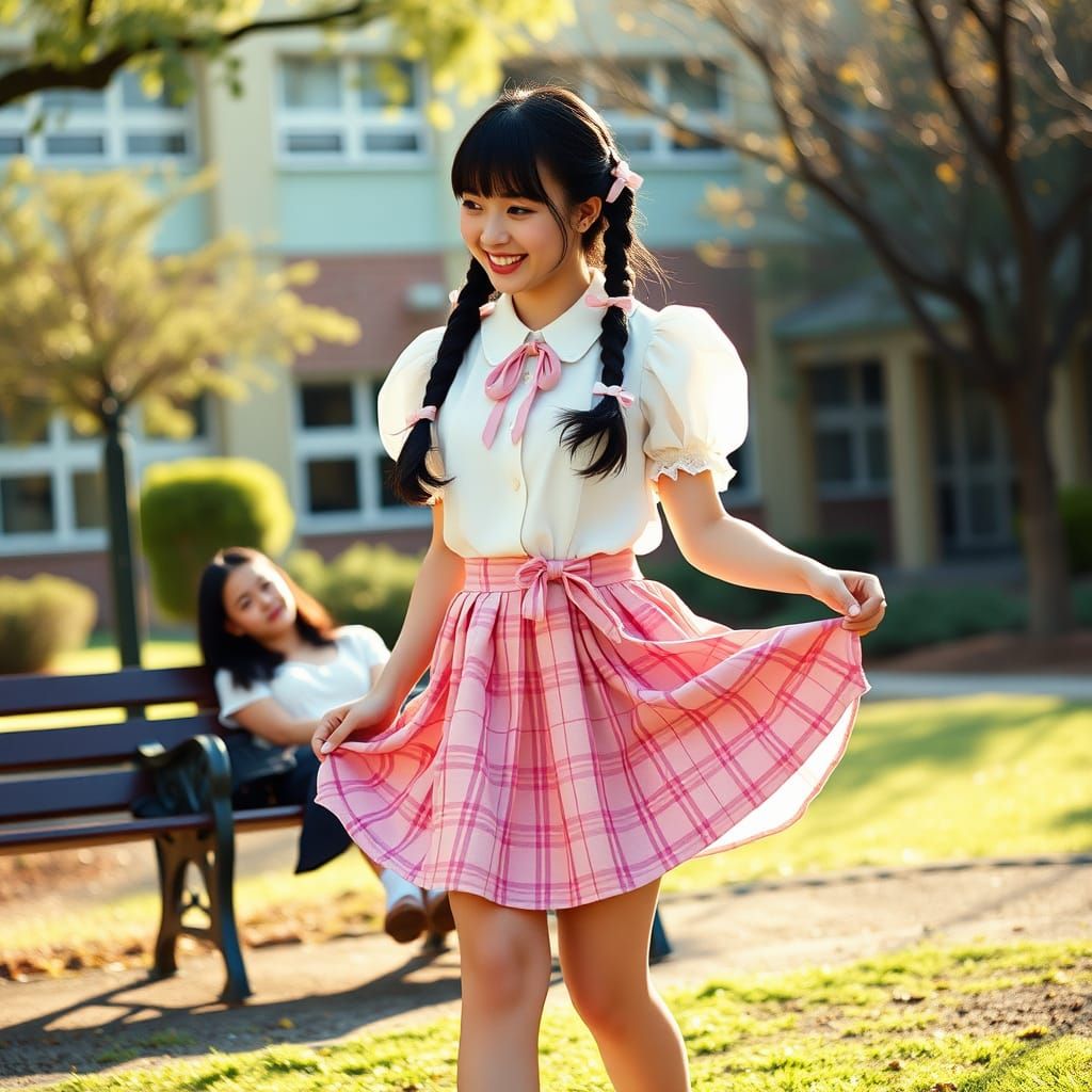 Whimsical Schoolgirl in a Pink Tartan Skirt