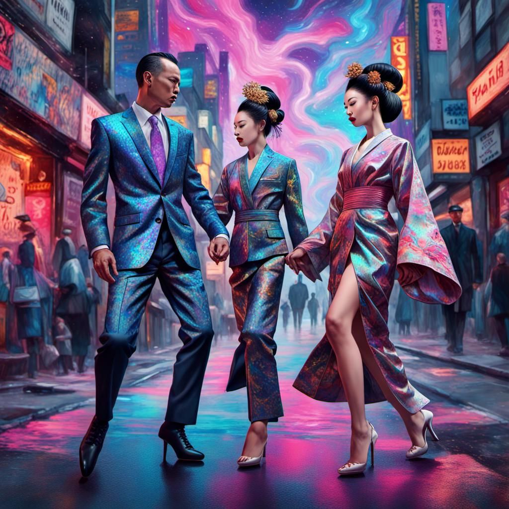 Geisha, Killer, and Elegant Man in Holographic Illustration