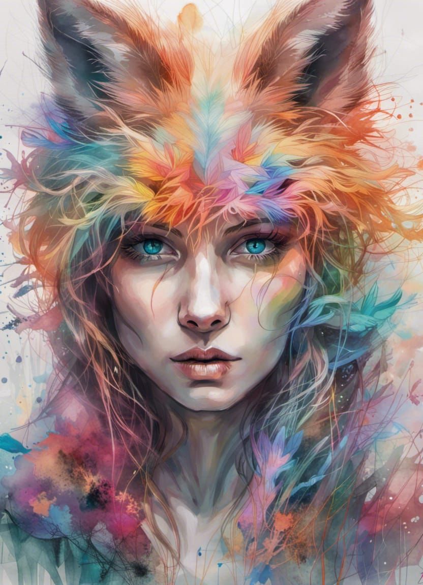 Neon Fox Deity: Hyper-Realistic Digital Illustration