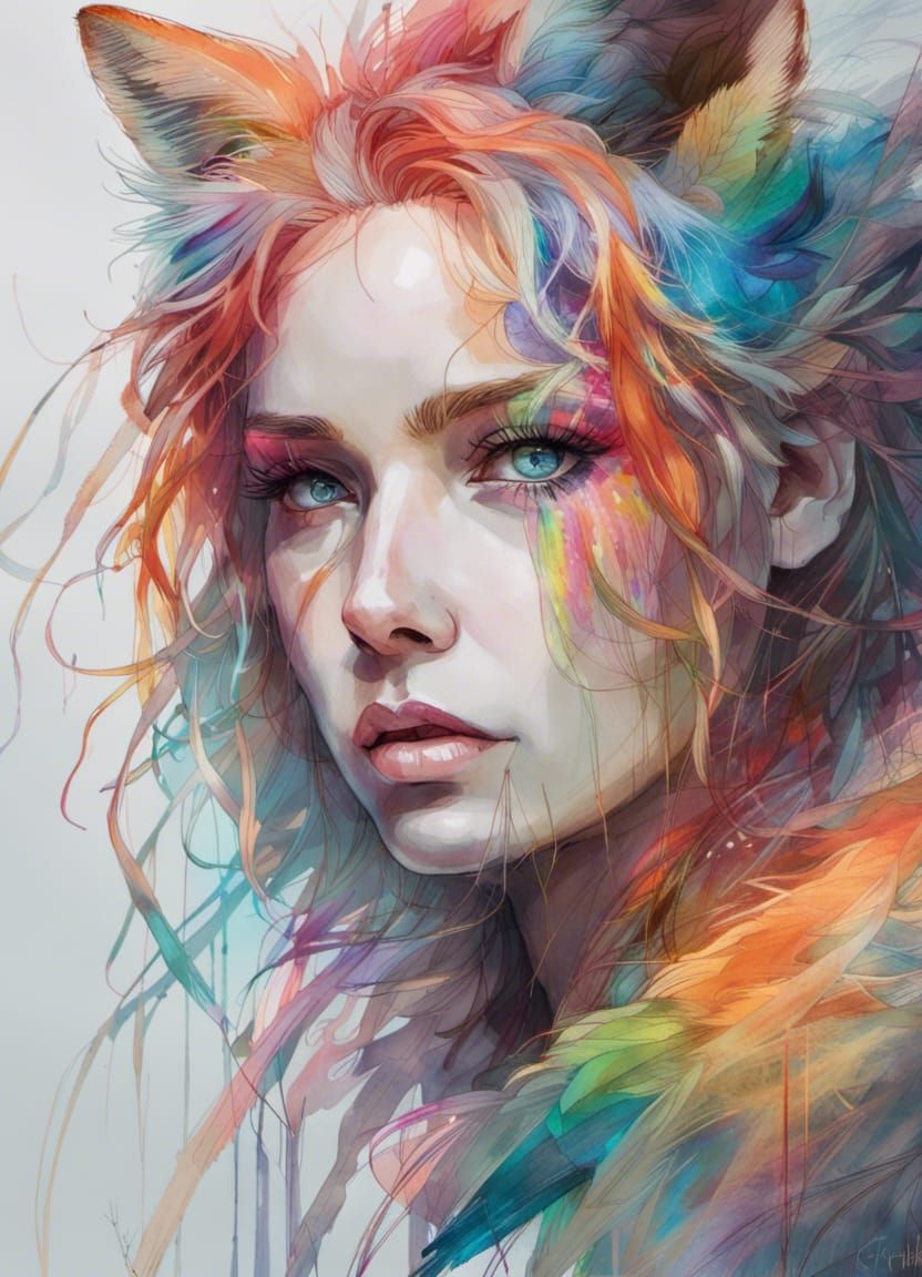 Neon Fox Deity Portrait: Digital Illustration