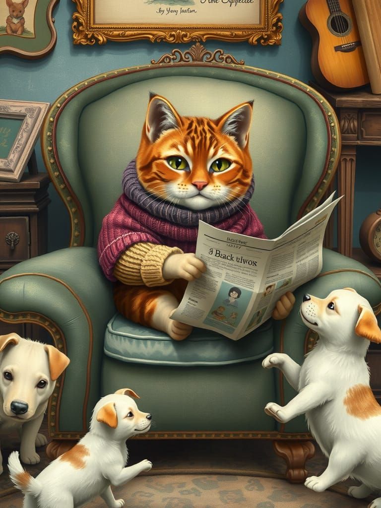 Cat Reads Newspaper with Dogs, Beatrix Potter Style