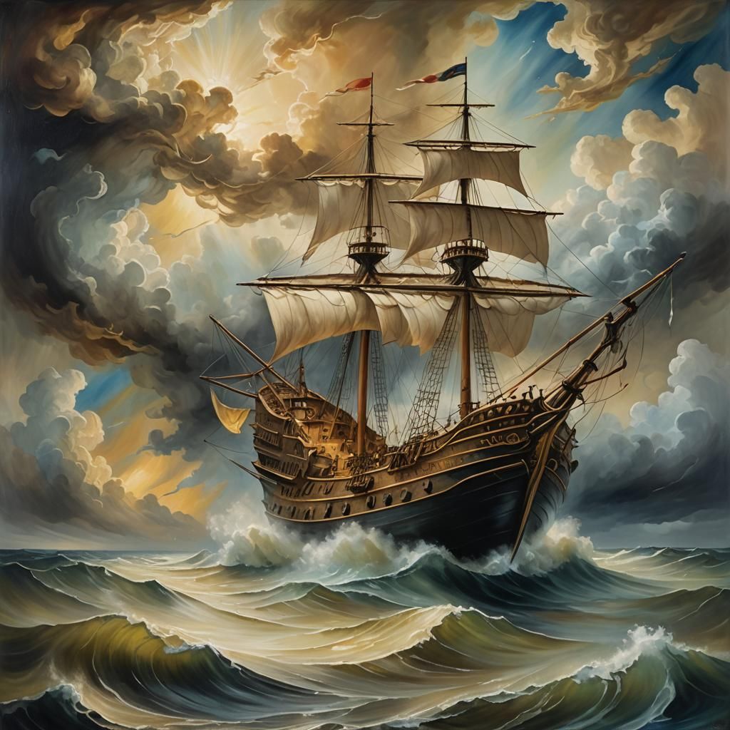 Surreal Spanish Ship in Stormy Seas, Oil Painting