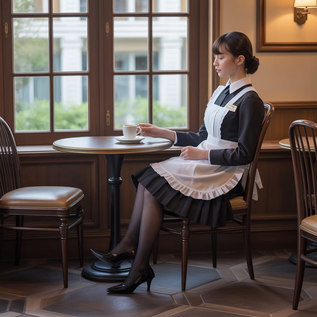 Waitress Takes Break in Empty Cafe on Spring Afternoon
