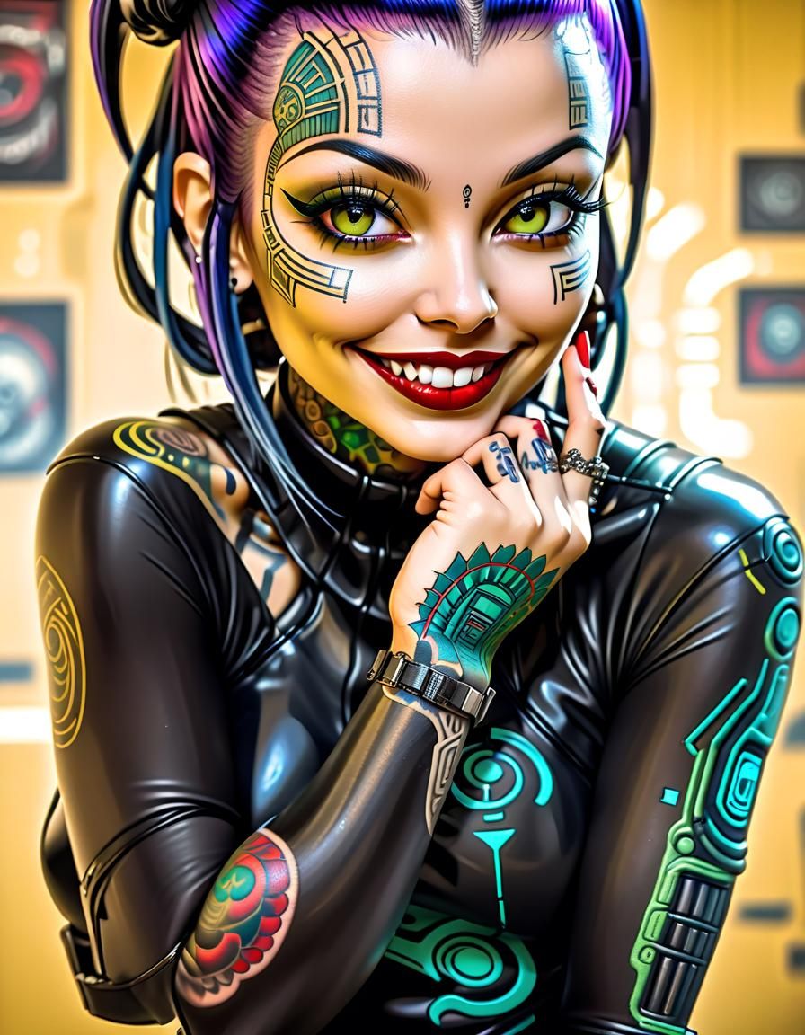 Cyberpunk Latina Pinup with Intricate Tattoo