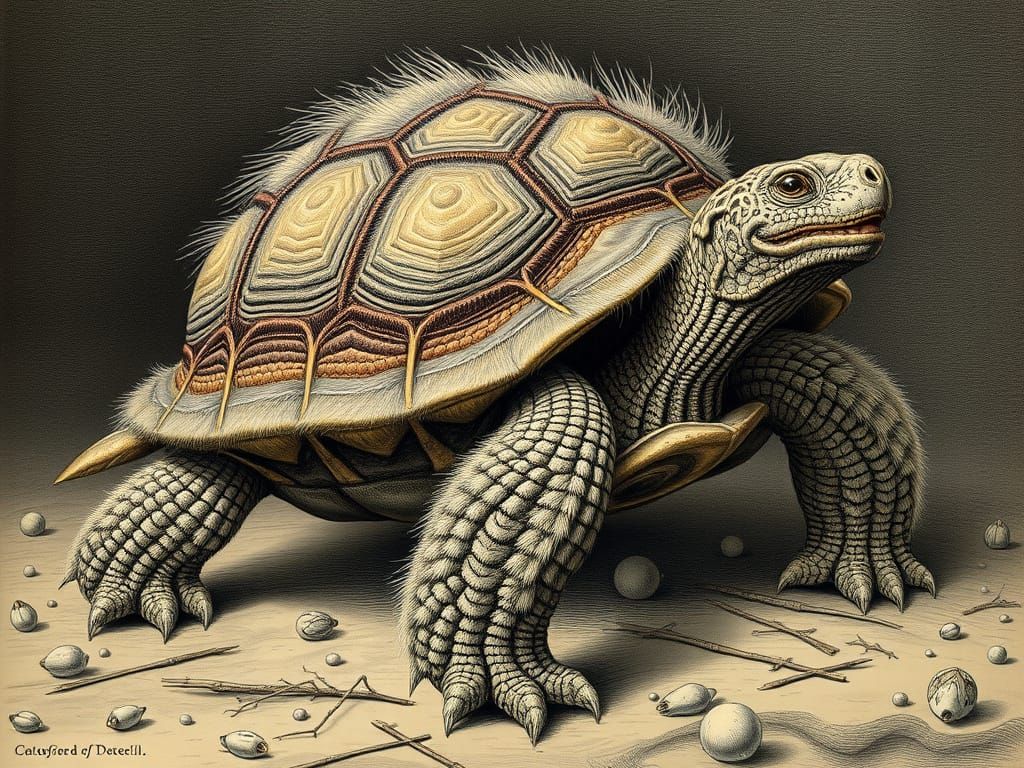 Woolly Tortoise-Racoon Hybrid: Zoological Atlas Illustration