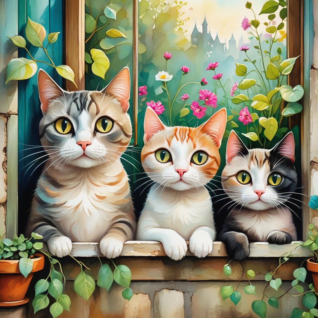 Whimsical Cats with Shiny Eyes in Magical Garden