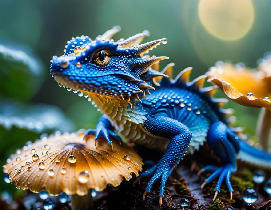 Tiny Blue Dragon on Mushroom, Macro Photography