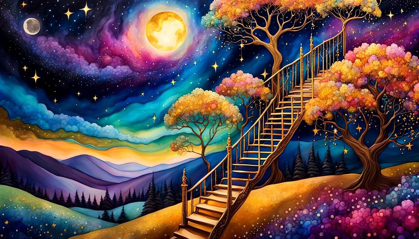 Golden Ladder to Starry Sky: Dreamlike Alcohol Ink Art