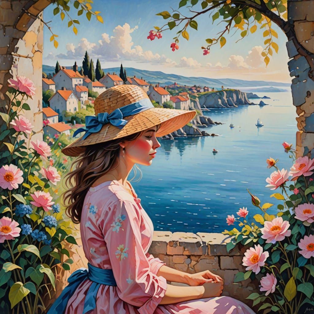 Impressionist Summer Beauty Contemplates the Sea