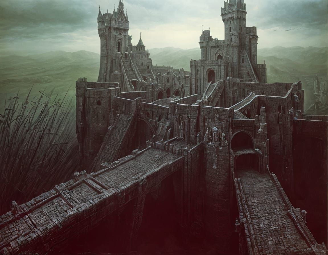 Surreal Castle Landscape in Dark, Intricate Style