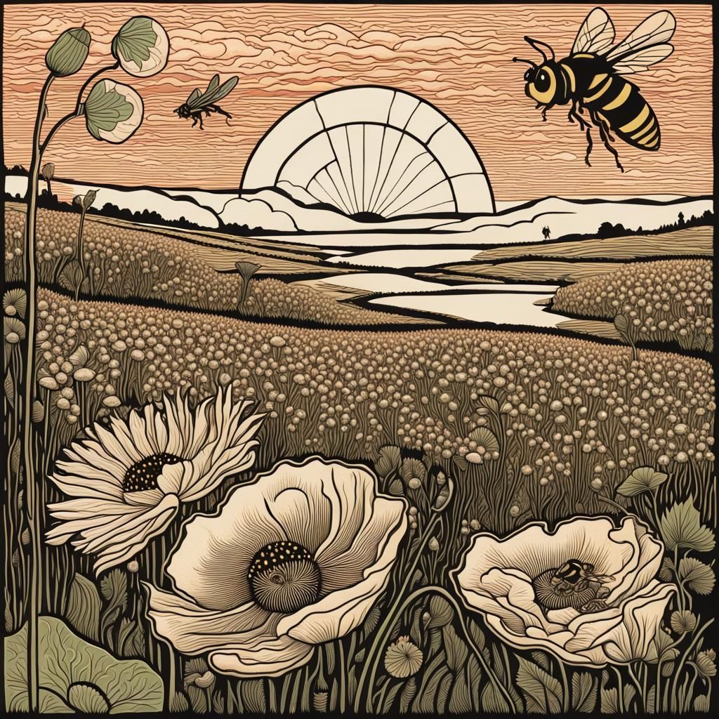 Bumblebee in Flower Field: Detailed Linocut Art