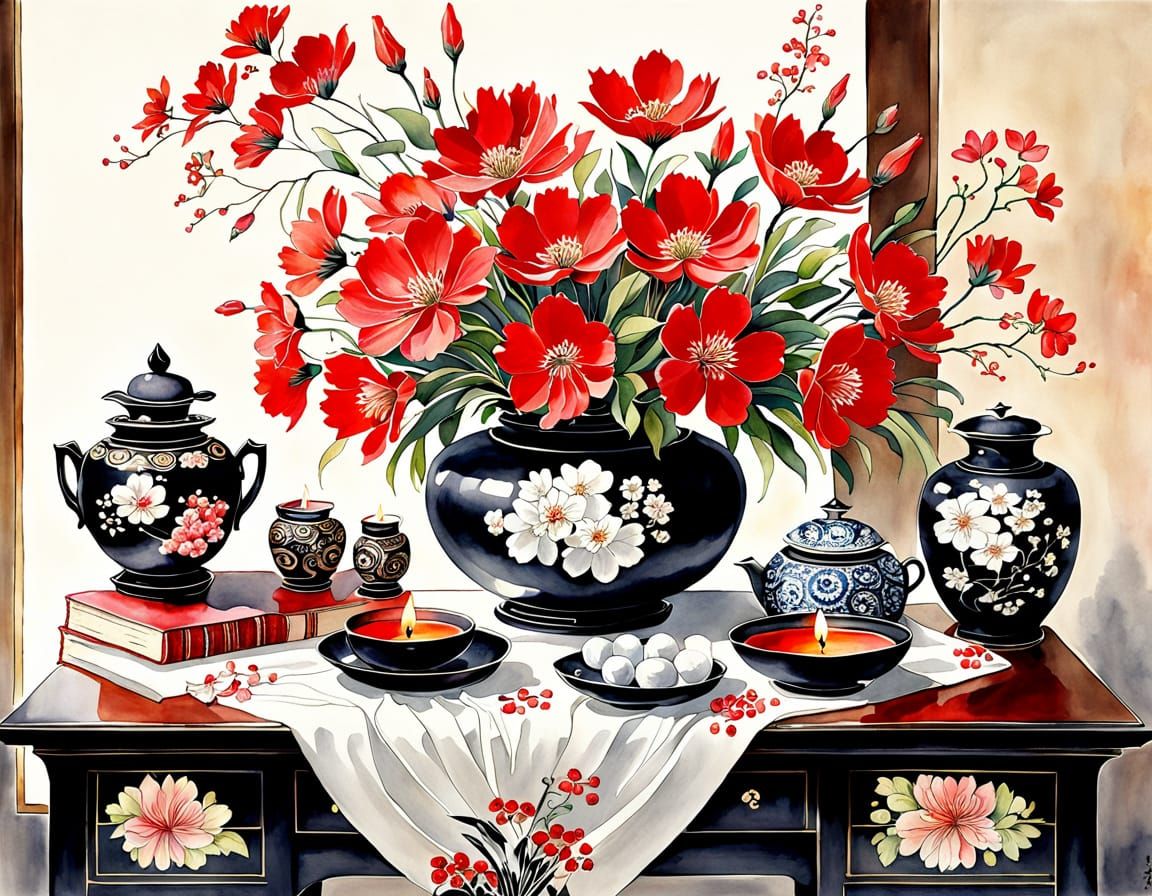 Watercolor Still Life with Vibrant Japanese Florals