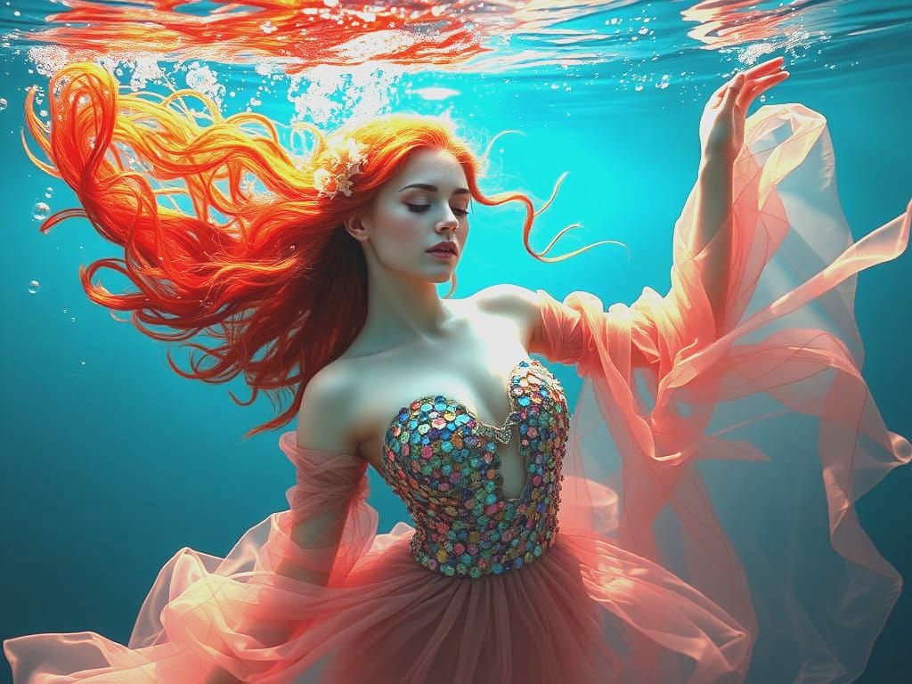 Enchanting Red-Haired Dancer in Fusion Style Underwater Scen...