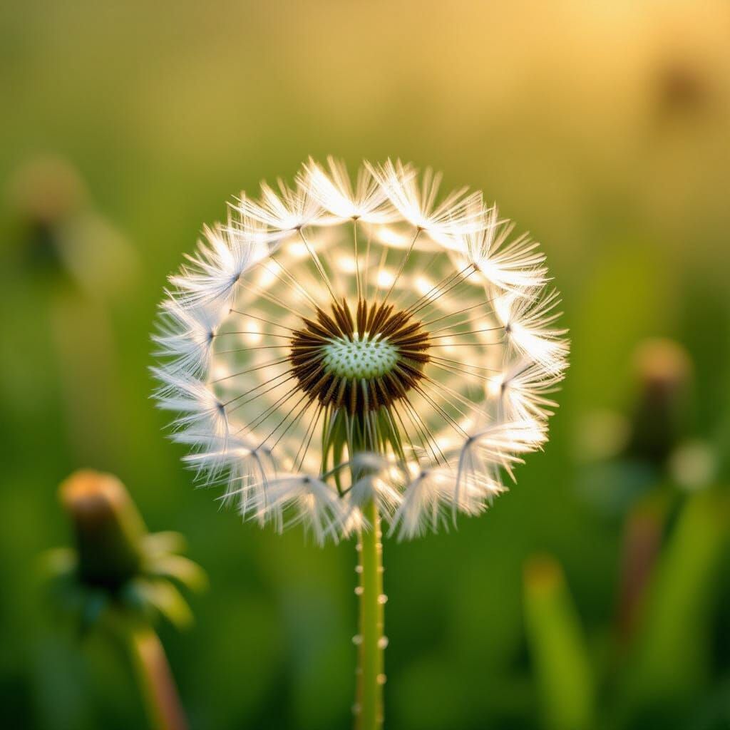Macro Photo Of Dandelion Seed Head in Sunlit Meadow