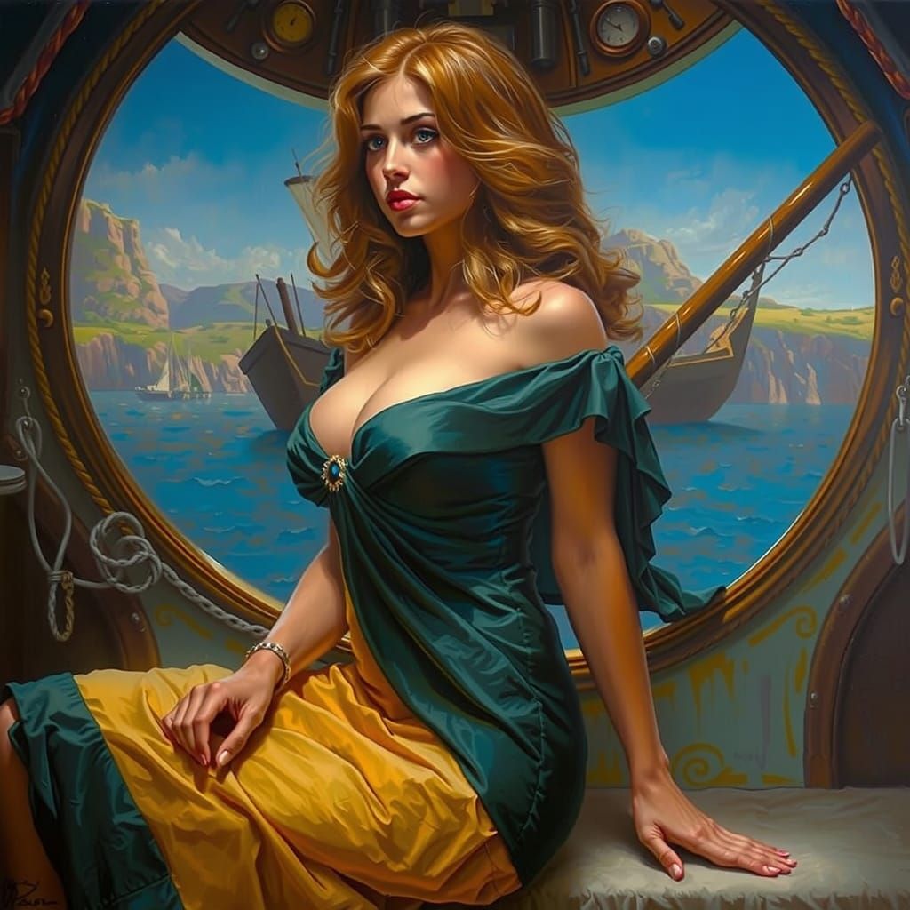 Woman Posing in Boat Cabin as Oil Painting