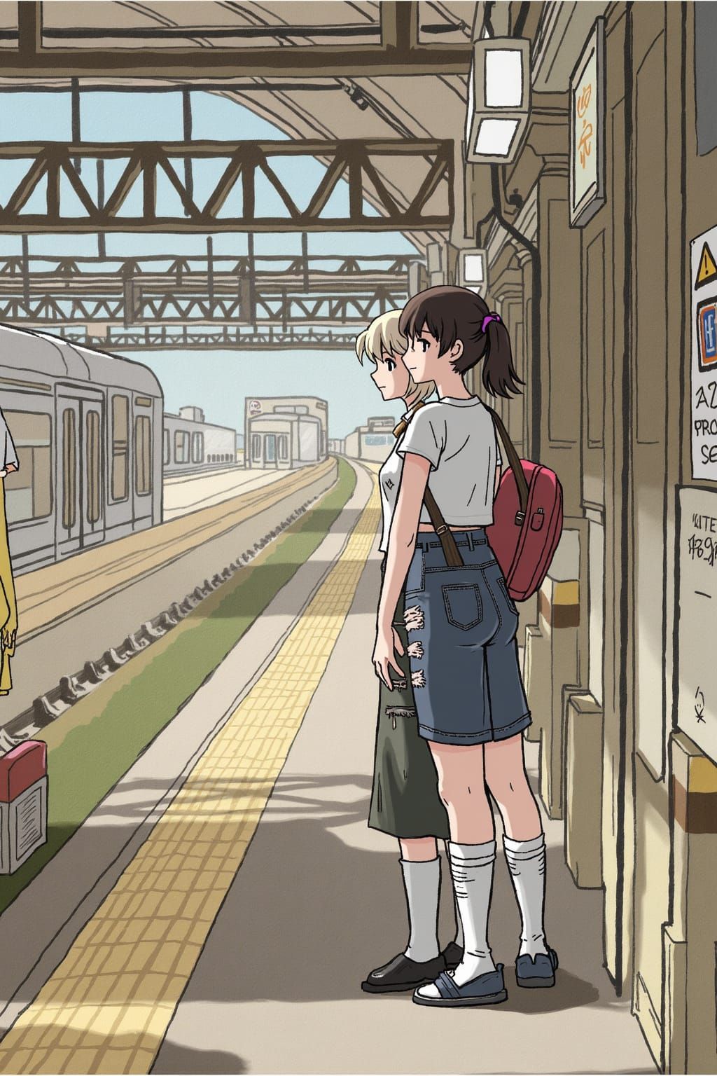 Girls at Train Station: Stylized Illustration