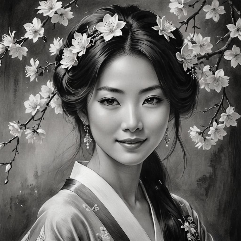 Elegant Japanese Woman Portrait in Charcoal Drawing Style