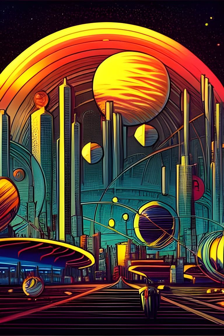 Retrofuturistic Cityscape with Planets in Pop Art Style