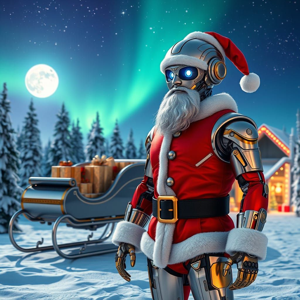 Futuristic Robot Santa in Silver and Gold Tones