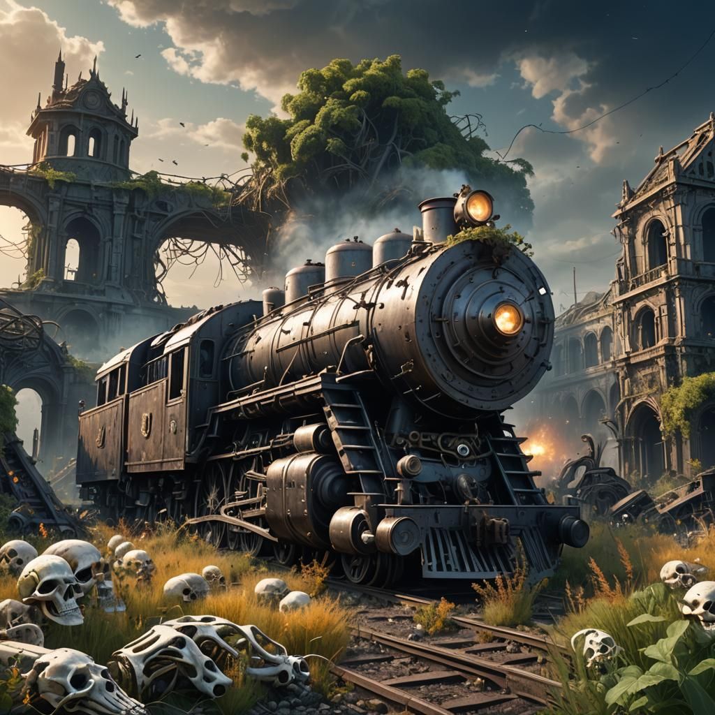 Wrecked Locomotive Graveyard in Dark Fantasy Art