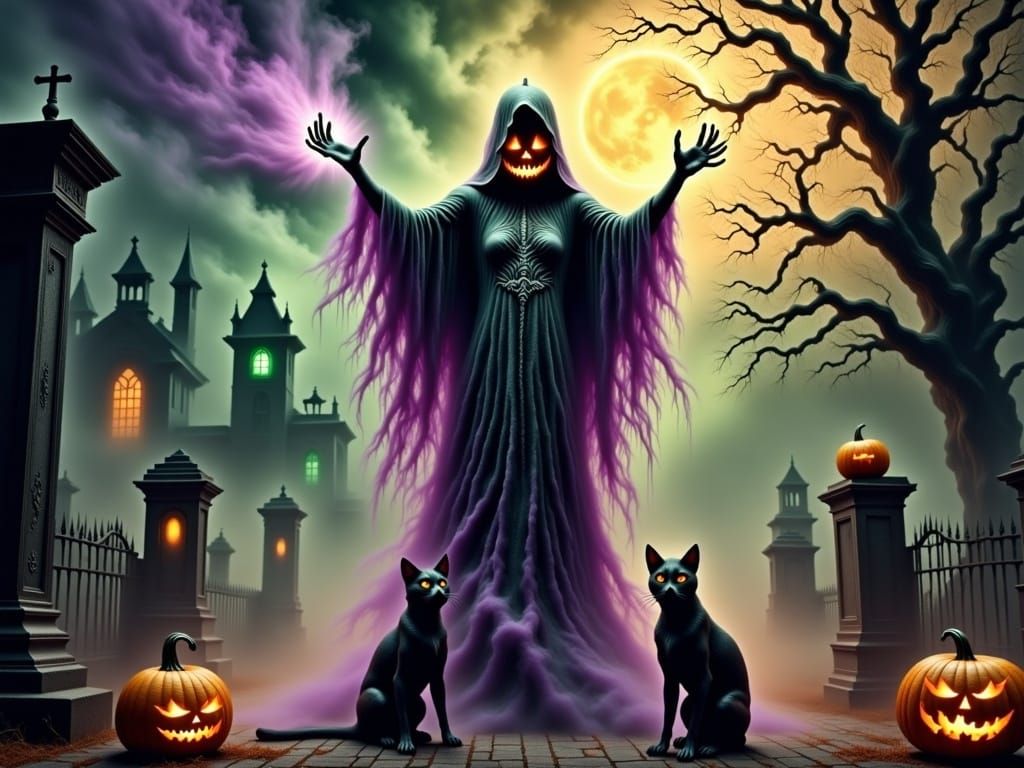 Halloween Witch Casting Spell in Cemetery as Digital Art