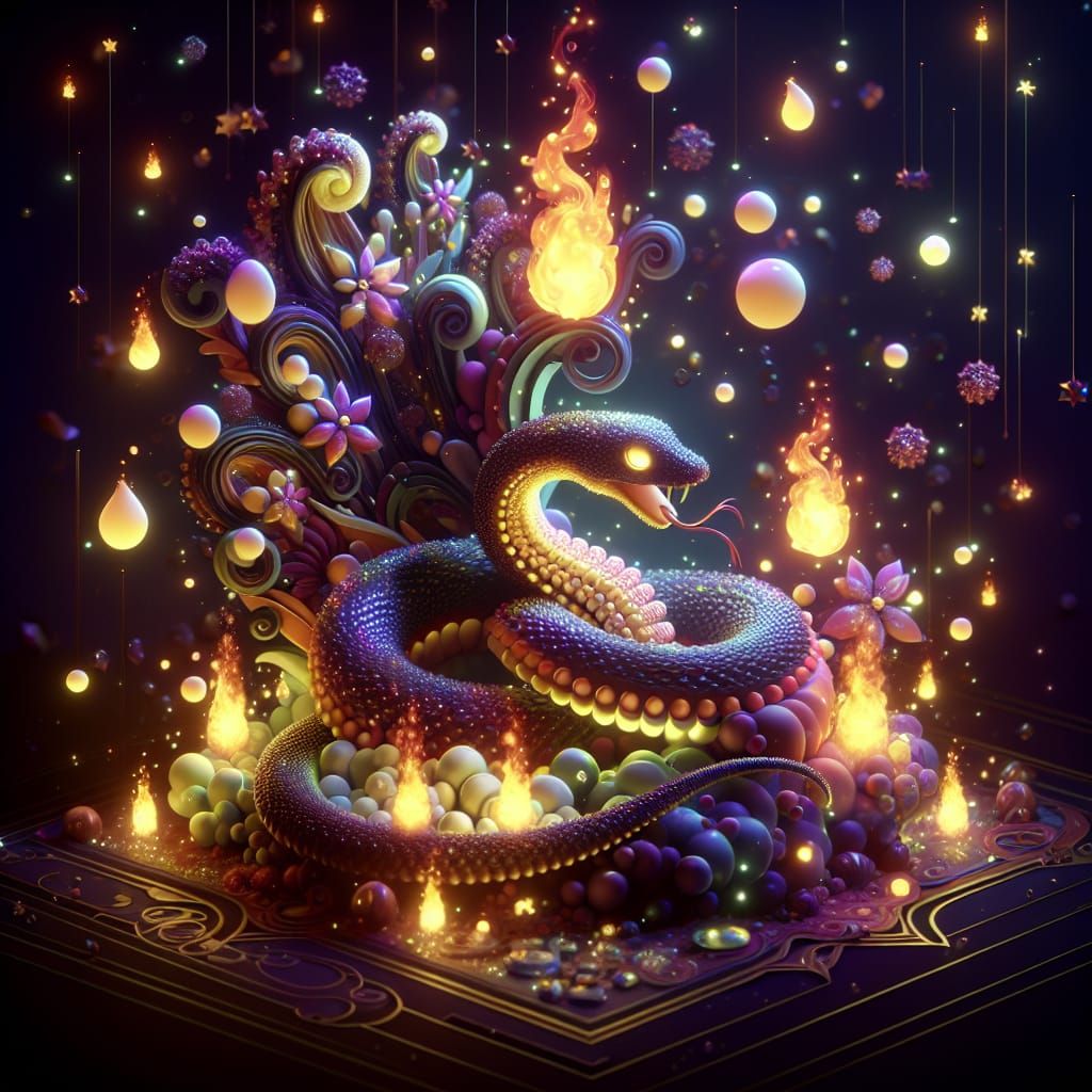 Surreal Fantasy Realm with Glowing Snake and Crystal Candy