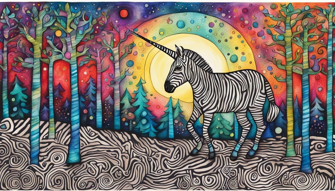 Colorful Zebracorn Walks in Moonlit Forest Zentangle Drawing