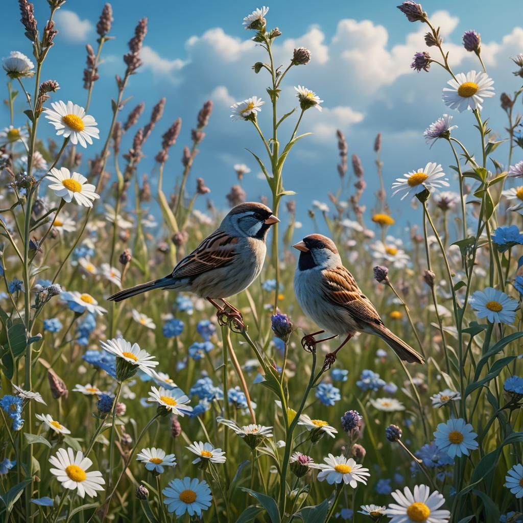 Sparrows in Dreamlike Pastel Flower Field