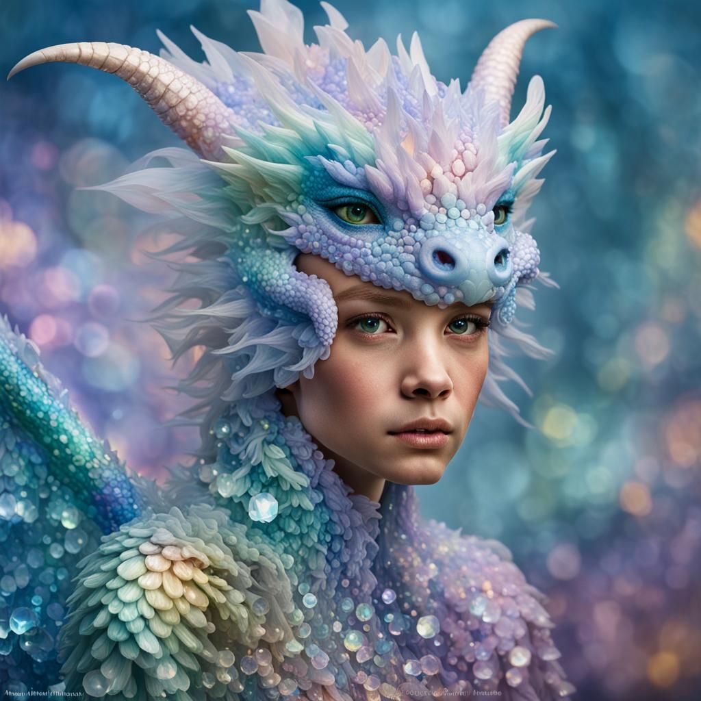 Pastel Iridescent Crystal Dragon Fae Portrait