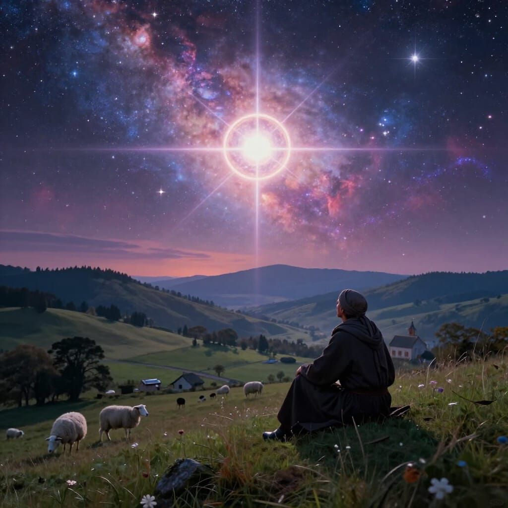 Gay Man Gazes at Cosmic Nebula in Pastoral Landscape