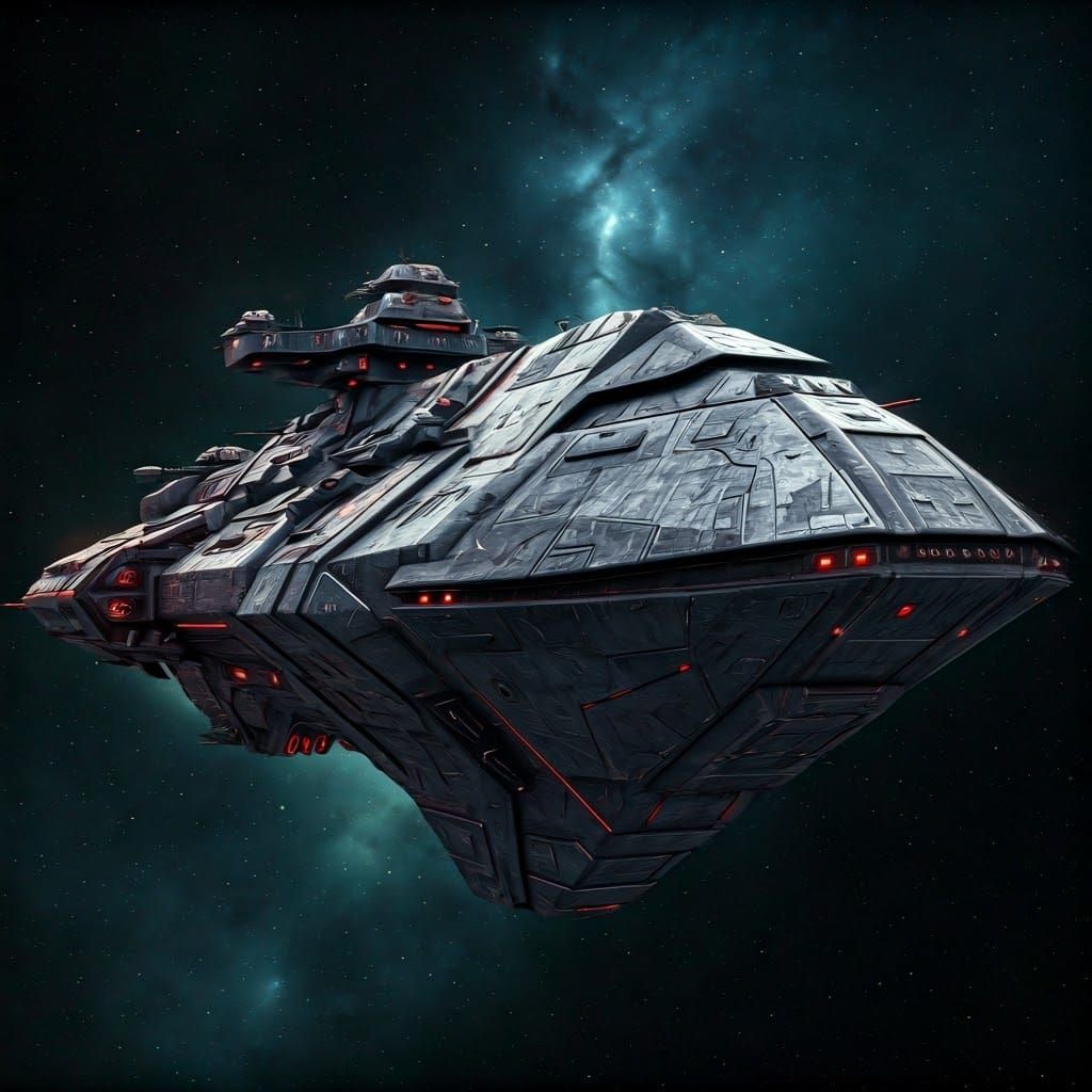 Silver Space Warship Against Nebula in Retrofuturistic Style