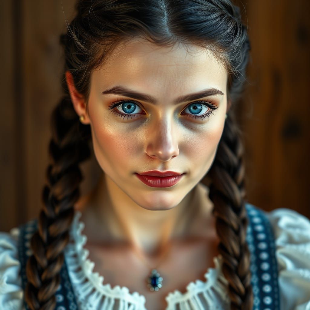 Woman in Dirndl Dress with Blue Eyes, Realistic Portrait