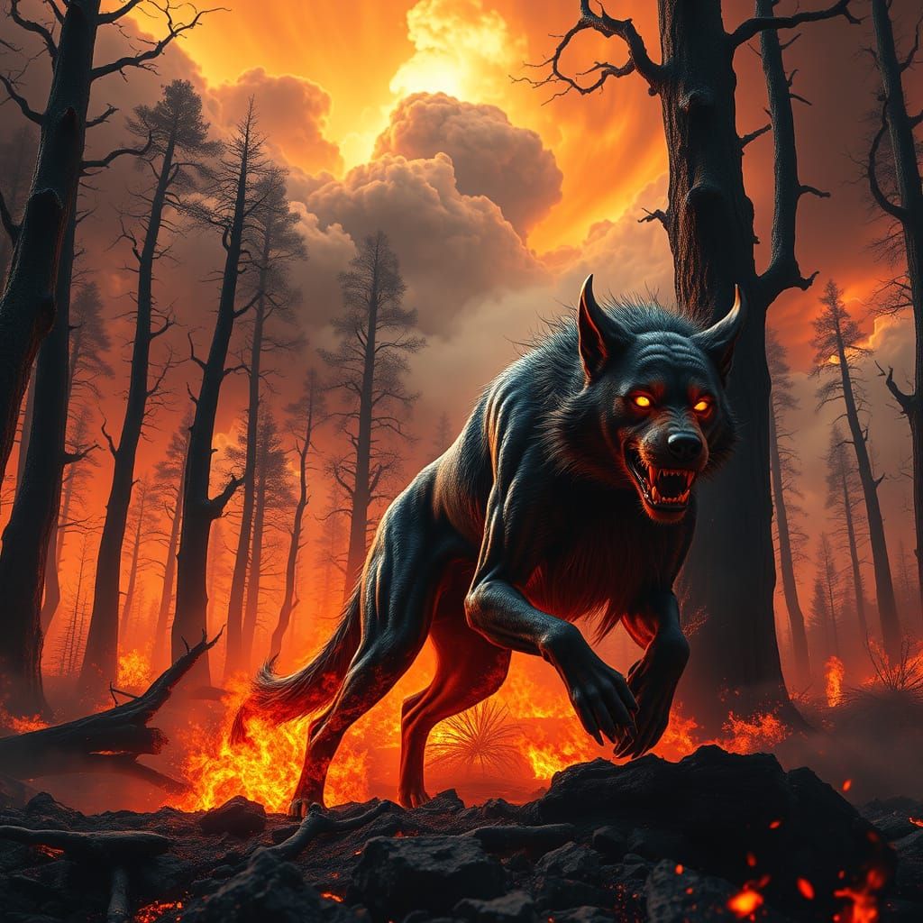 Hellhound Roams Inferno Landscape in Dramatic Digital Art