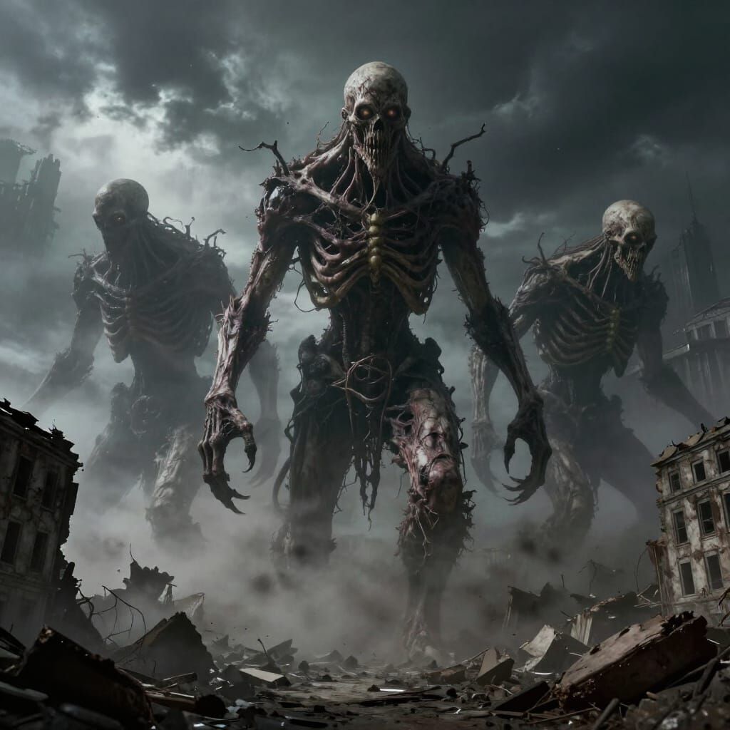 Undead Giants Overlook Ruined City in Dark Fantasy Style