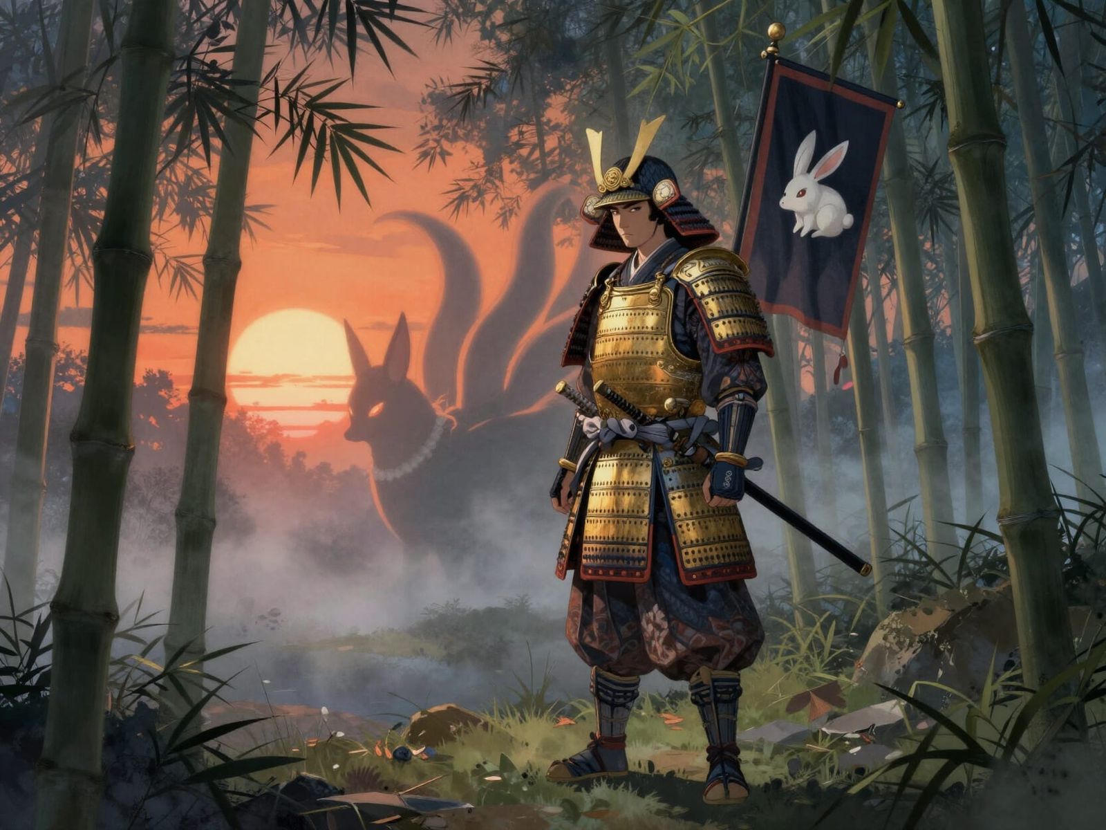 Samurai Warrior Prepares for Yokai Battle in Bamboo Forest