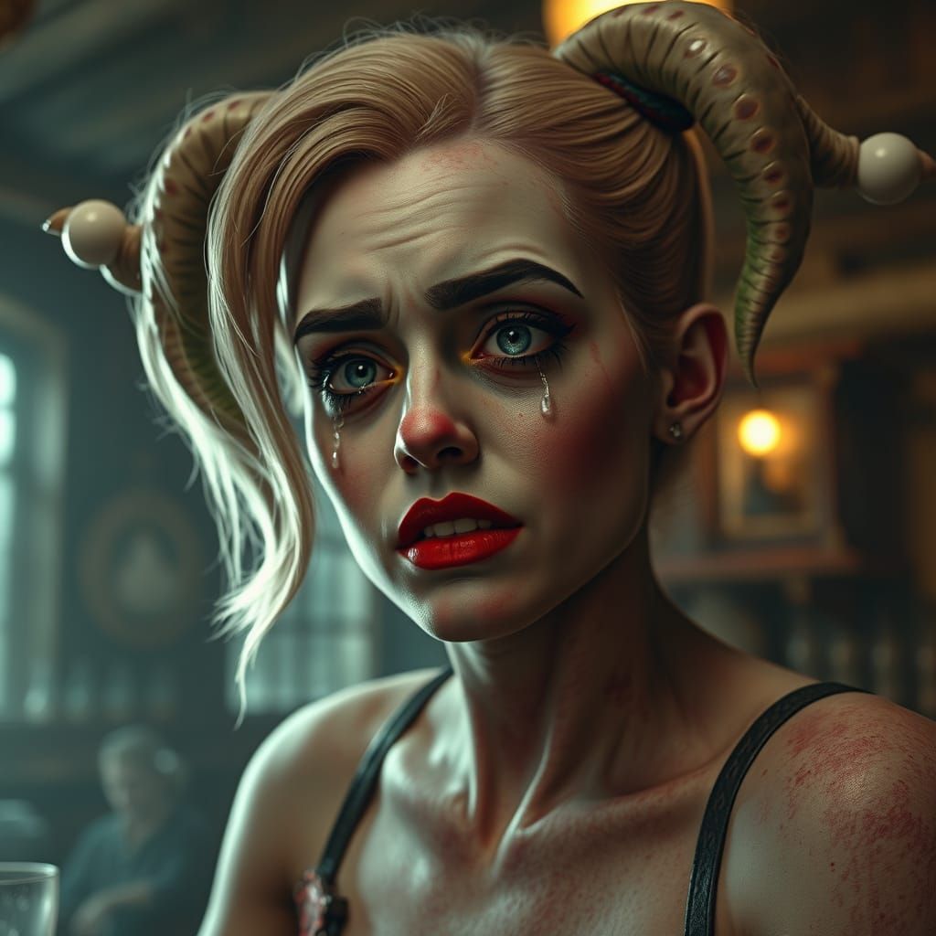 Medusa Harley Quinn in Medieval Tavern, Hyperrealistic Art