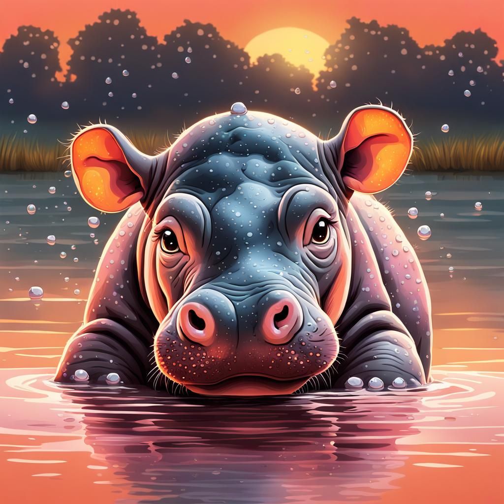 Adorable Hippo Calf Emerges at Sunset: Anime Style