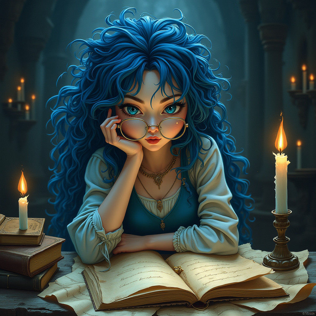 Mystical Blue-Haired Woman with Books and Candles