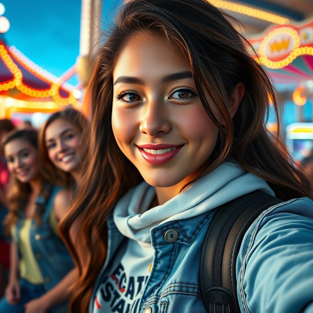 A 20 year old lady with a selfie stick, capturing a fun moment with friends at an amusement park.