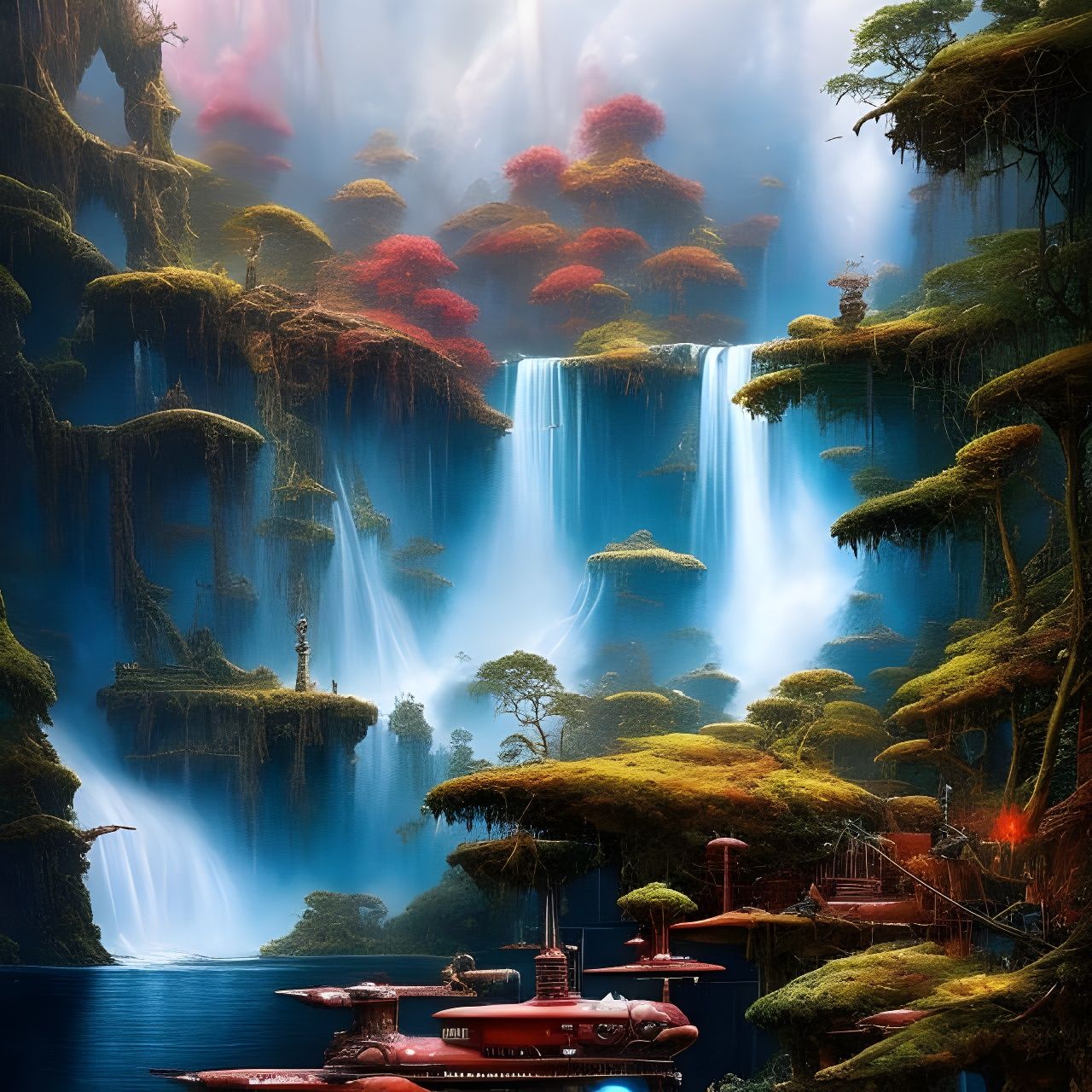 Magic Submarine in Waterfall Lake: Dungeonpunk Art