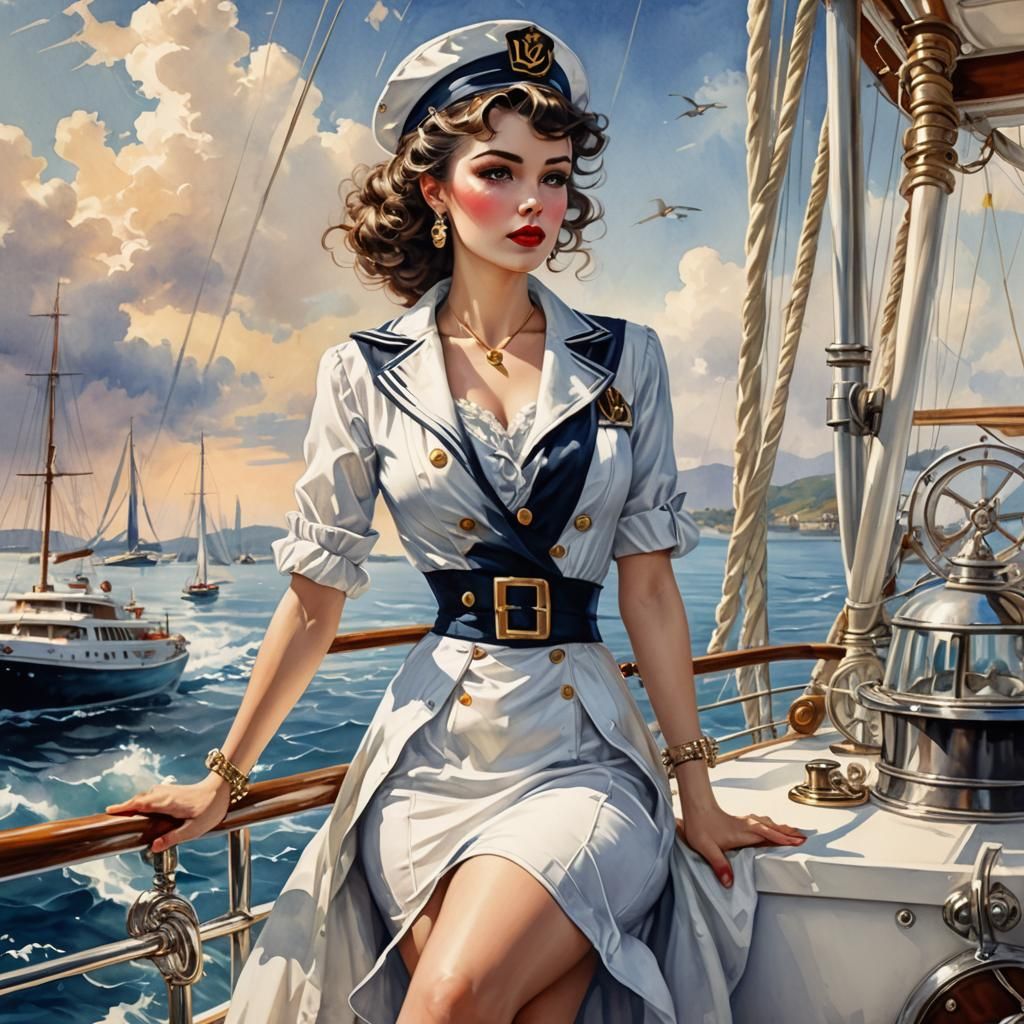 Pinup Sailor Woman on Yacht, Watercolor Fantasy