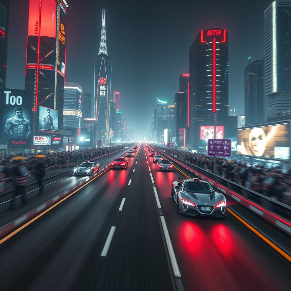 Futuristic Highway Racing Scene in Neon-Lit Cyberpunk Style