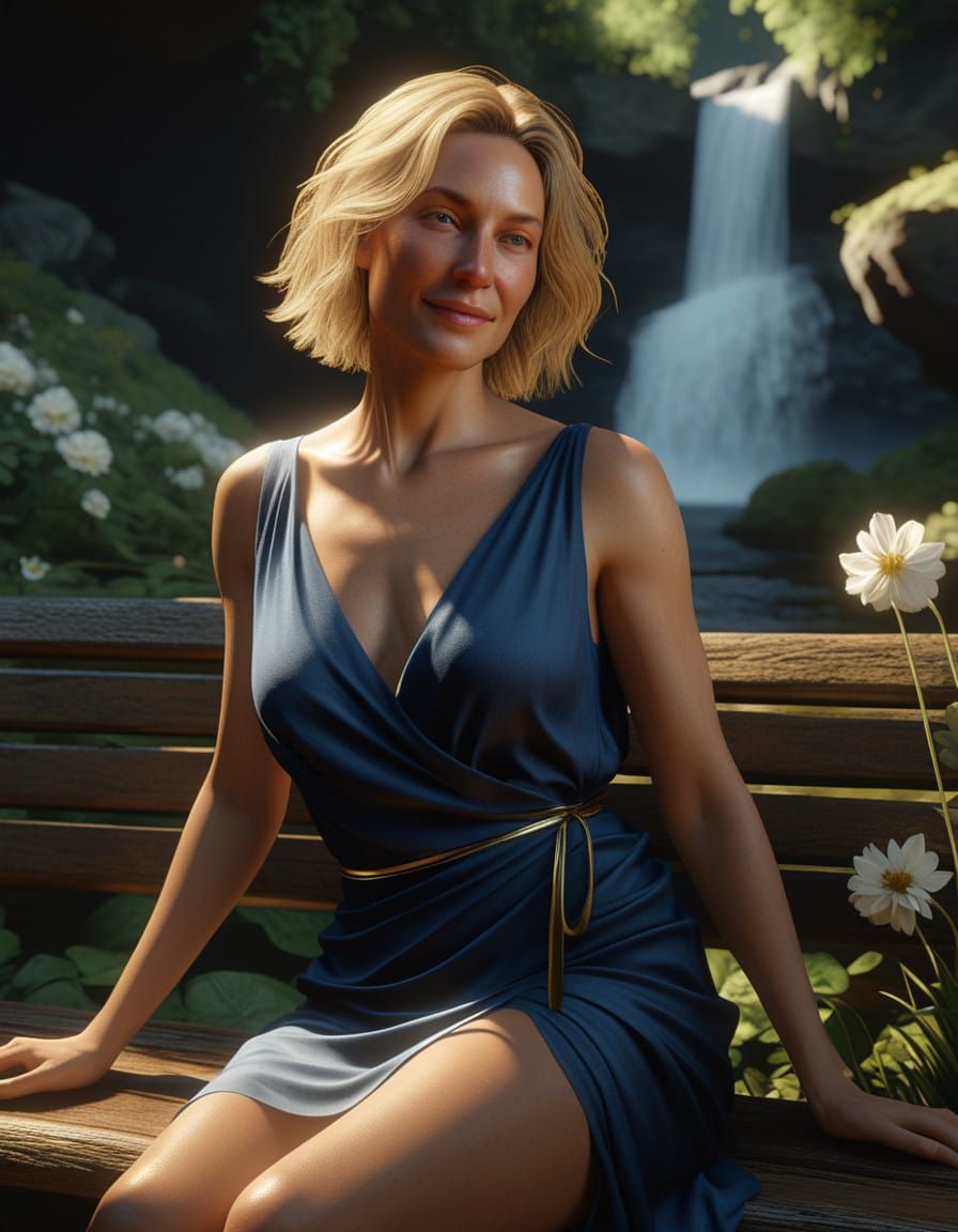 Ethereal Woman in Golden Hour Light by Waterfall