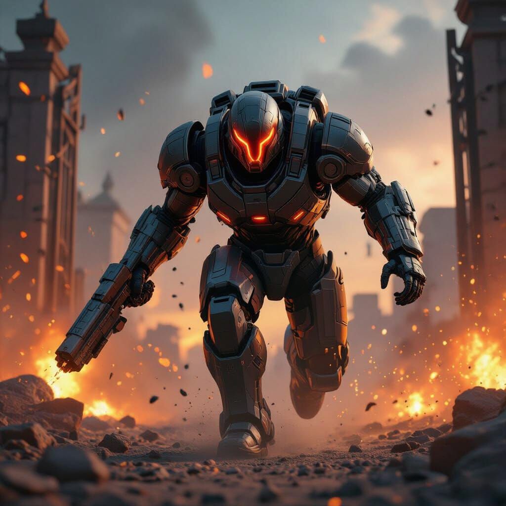Mechanized Warrior Rushing Through Hellscape in 3D