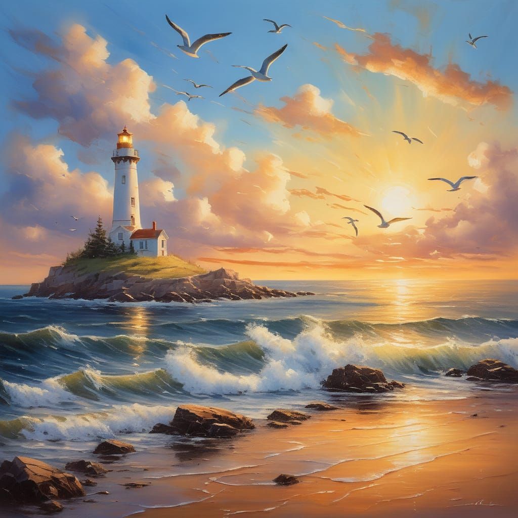 Serene Lighthouse Landscape Painting in Golden Sunset Light
