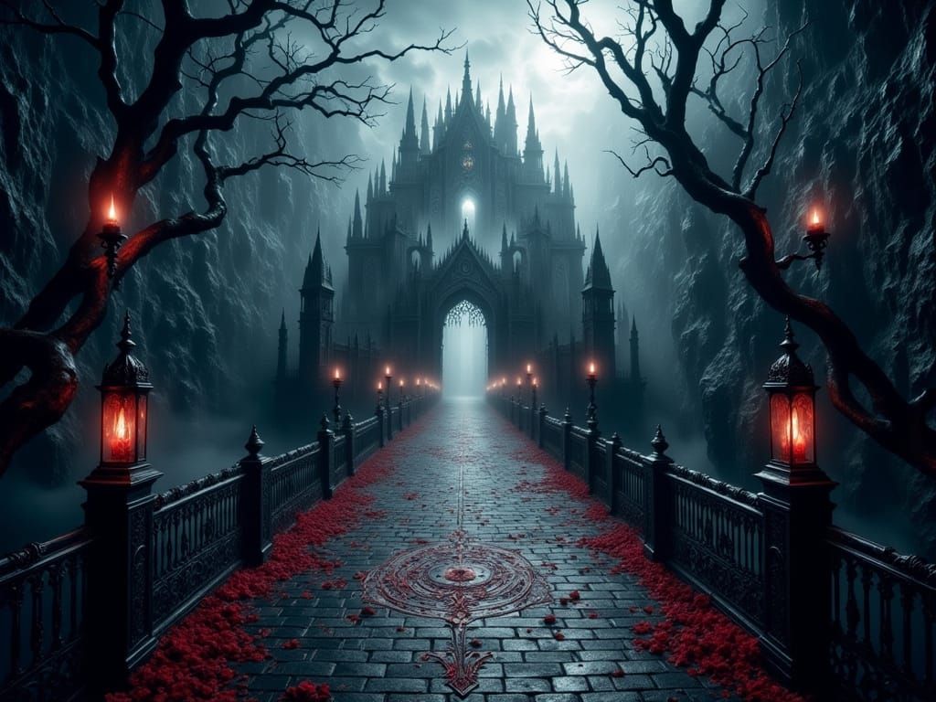 Gothic Vampire Castle Entrance with Misty Abyss