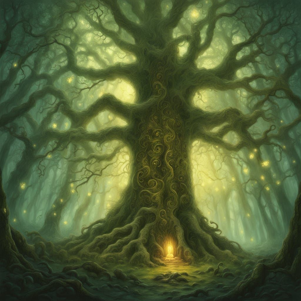 Ancient Tree with Glowing Runes in Mystical Forest
