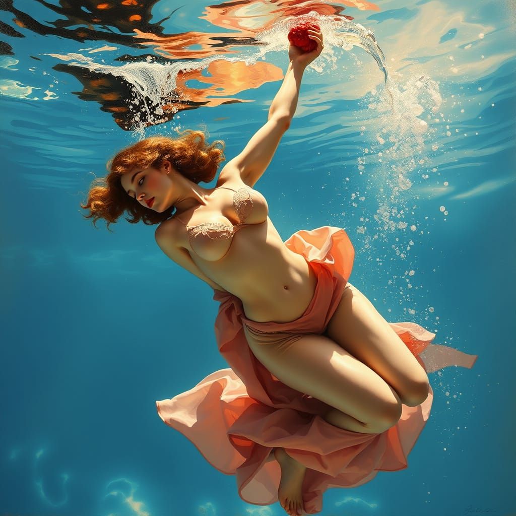 Rococo Oil Painting of Woman Diving Gracefully