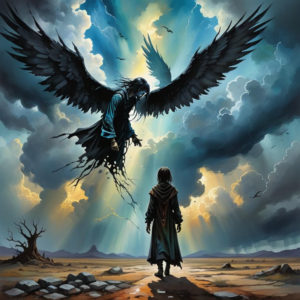 Gothic Almsgiving: Angelic Shadows in Gouache Style