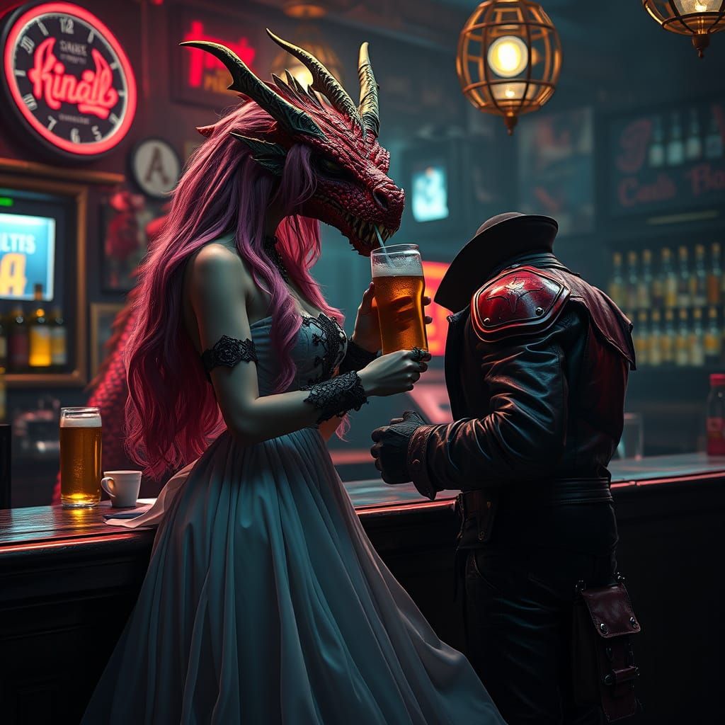 Goth Goddess Kissing Barmaid with Fire Dragon